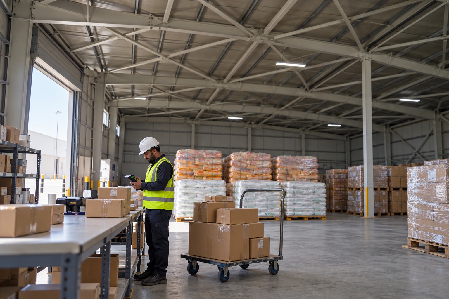 Warehouse worker scanning cartons at an order-preparation station